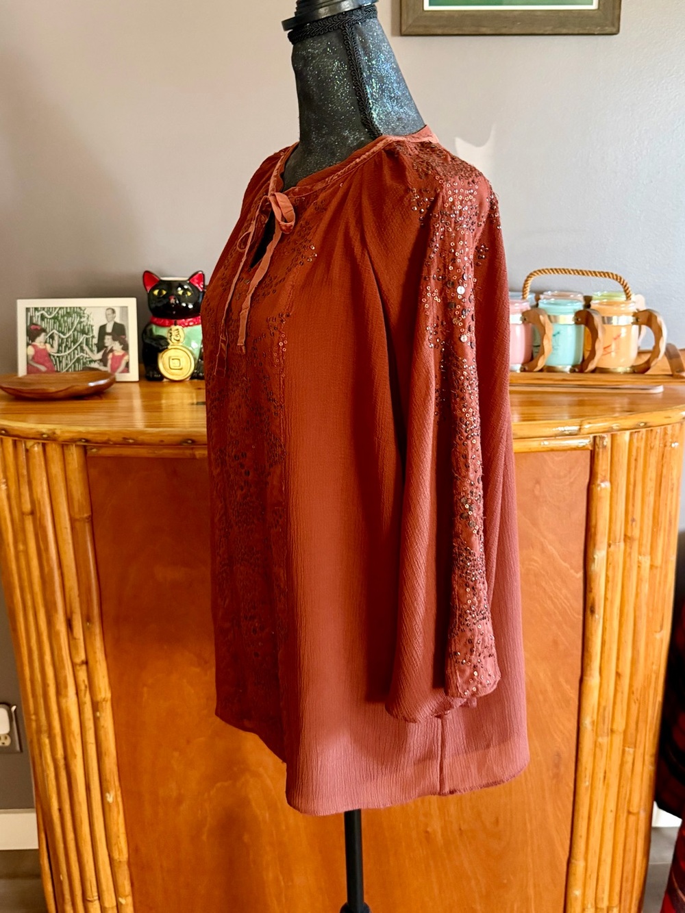 Chico's Crinkled Texture Sequins Blouse in Rust - Picture 6 of 13